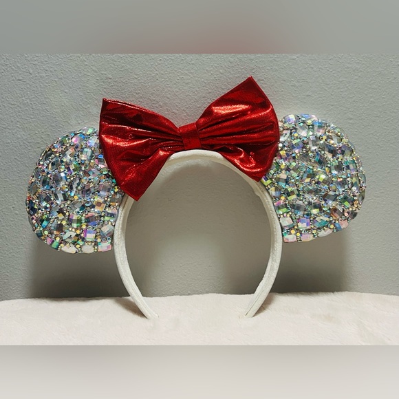 Disney Ears Rhinestones Red Bow Handmade - Picture 3 of 5